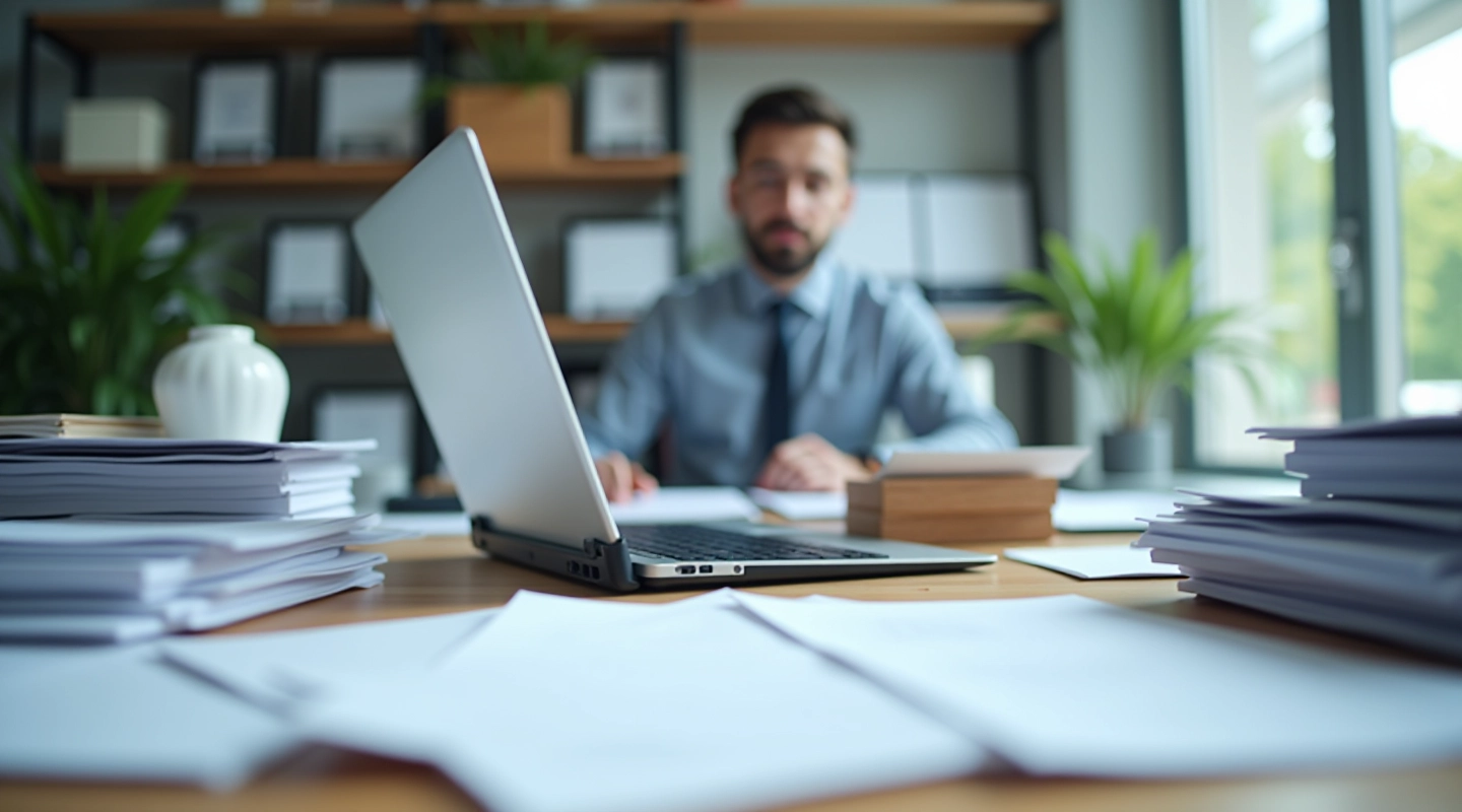 Professional accounting workspace with organized documents and systems