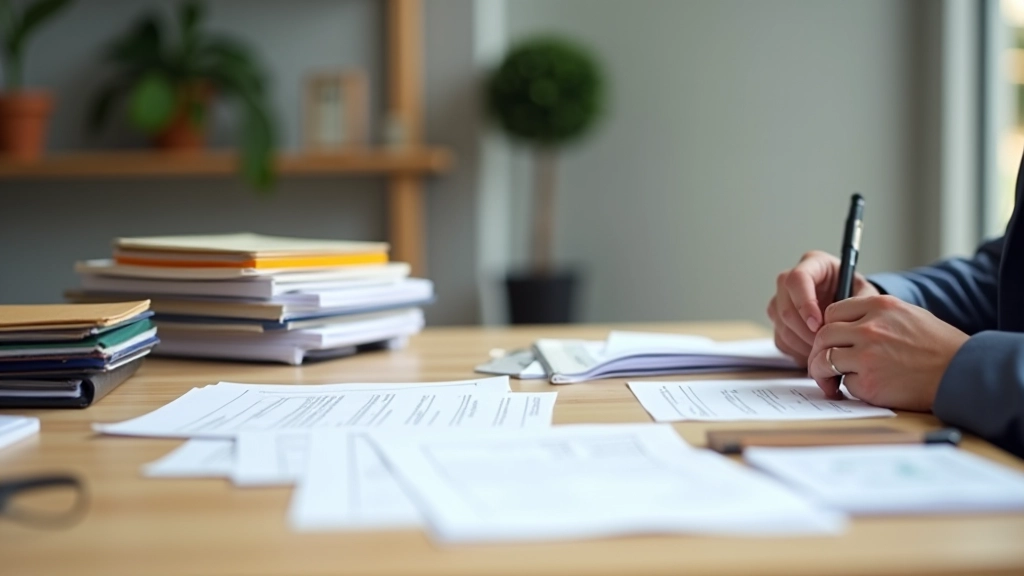 Professional organizing workspace with filing system setup and organizational materials on wooden desk