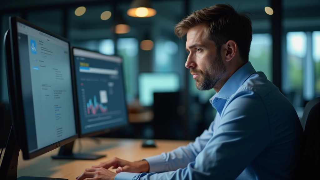 Accountant reviewing backup procedures and data security measures on computer workstation